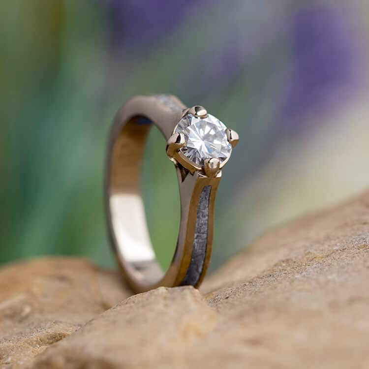White Gold Solitaire, Meteorite Engagement Ring With Moissanite-3758 - Jewelry by Johan