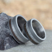 His And Hers Sandblasted Titanium Rings With Meteorite And Dinosaur Bone