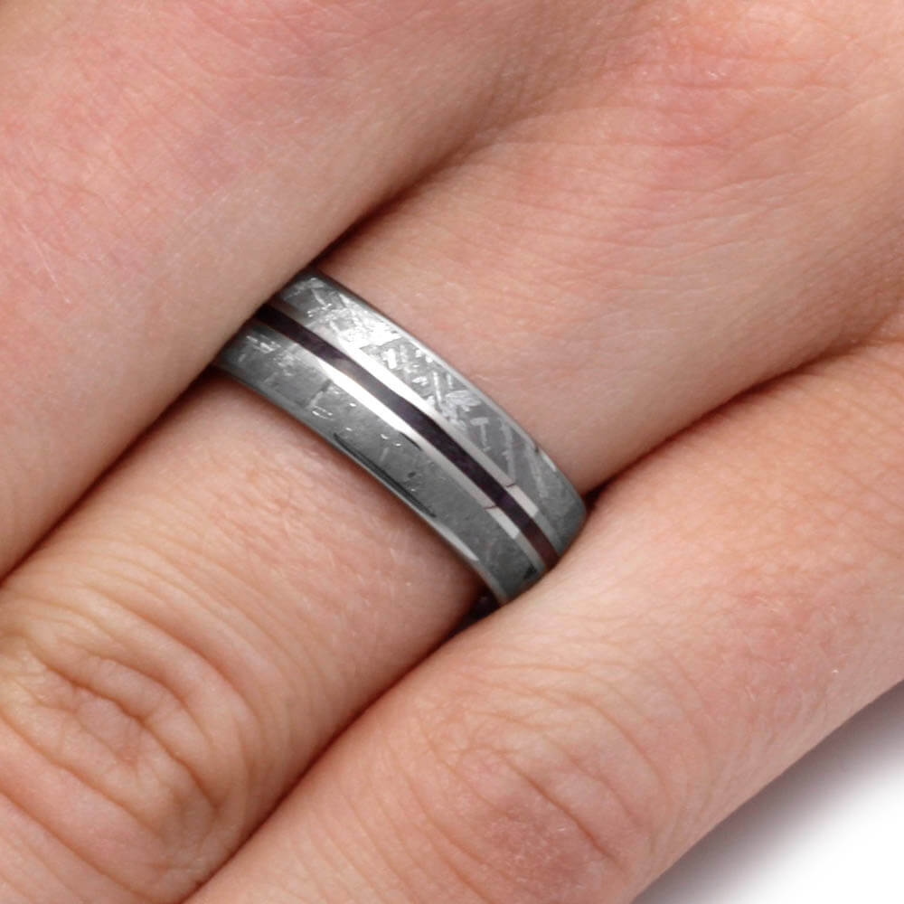 Meteorite Men's Wedding Band With Thin Purple Box Elder Pinstripe-2114 - Jewelry by Johan