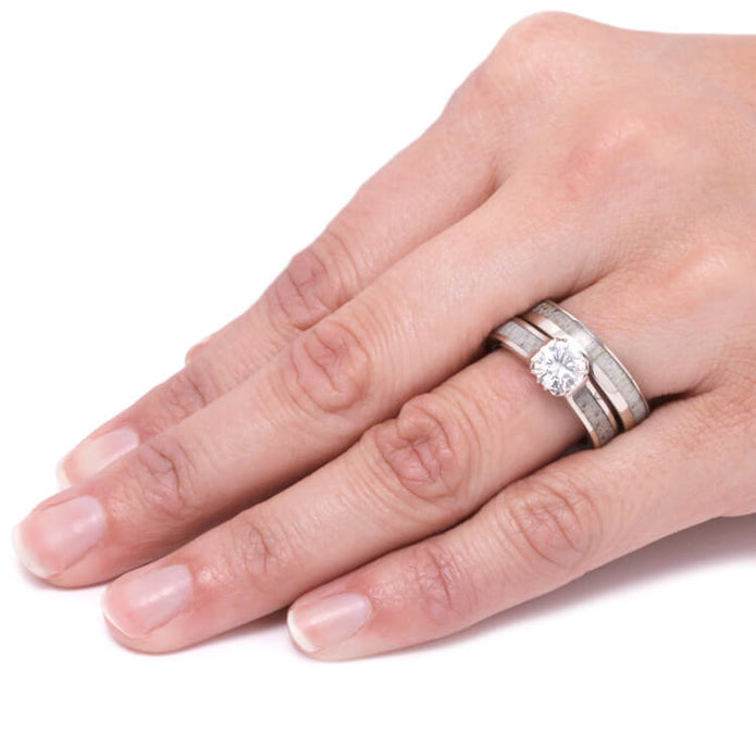 Moissanite Bridal Set, Deer Antler Engagement Ring With Band