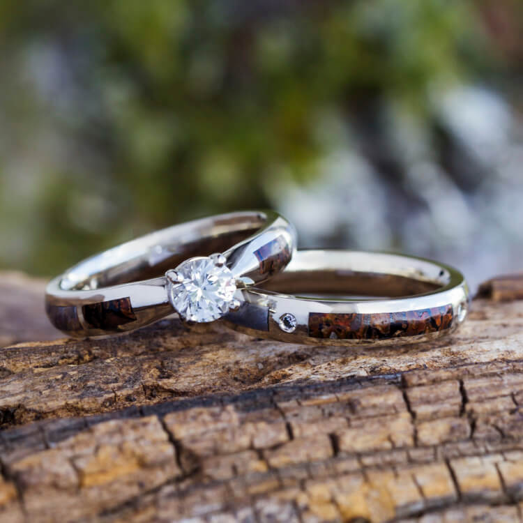 Dinosaur Bone Bridal Set With Sapphire Engagement Ring And Diamond Wedding Band