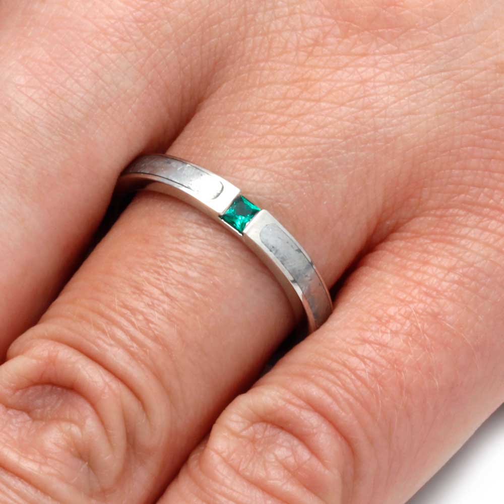 White Gold Engagement Ring with Meteorite and Princess Cut Emerald-2809 - Jewelry by Johan