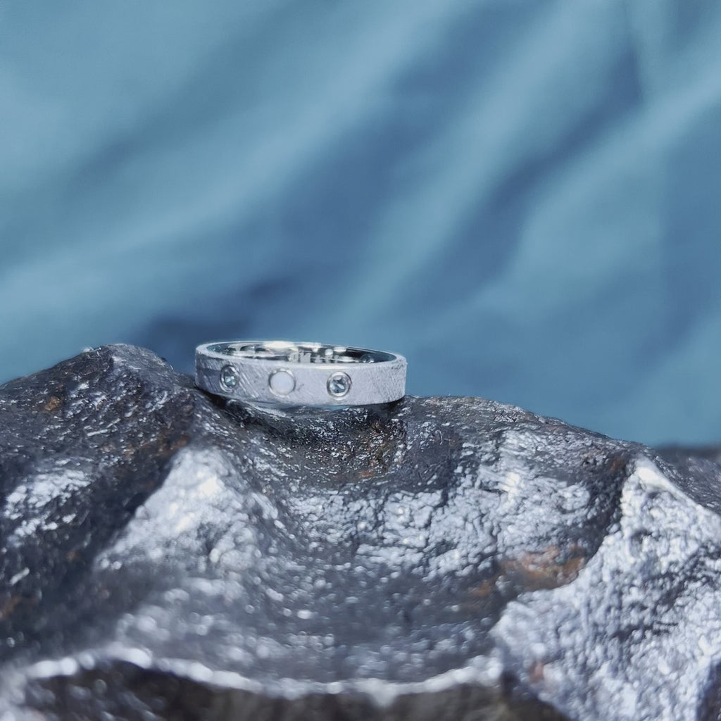 Meteorite Ring With Opal And Aquamarine Gemstones