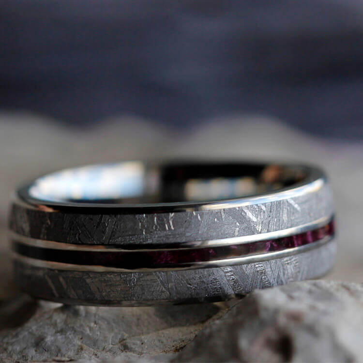 Meteorite Men's Wedding Band With Thin Purple Box Elder Pinstripe-2114 - Jewelry by Johan