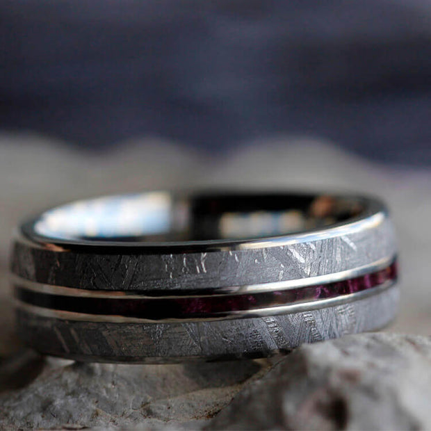 Meteorite Men's Wedding Band With Thin Purple Box Elder Pinstripe-2114 - Jewelry by Johan