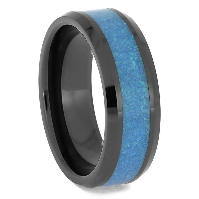 Blue Opal and Black Ceramic Wedding Band for Men