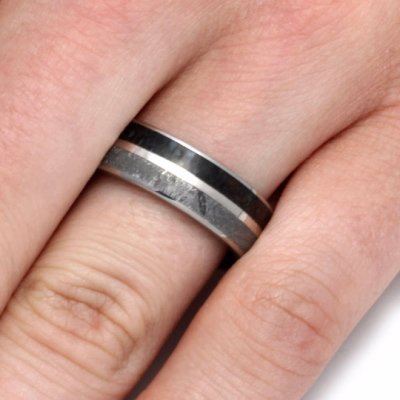 Unique Titanium Ring with Dinosaur Bone, Meteorite, and White Gold-2100 - Jewelry by Johan