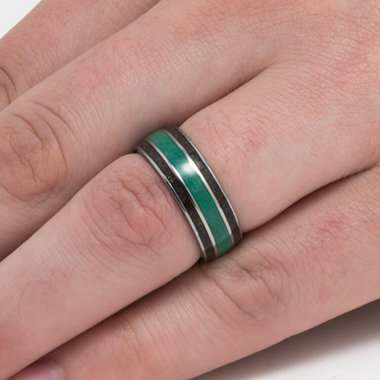 Men's Tungsten Wedding Band With Malachite And Dinosaur Bone-3685 - Jewelry by Johan