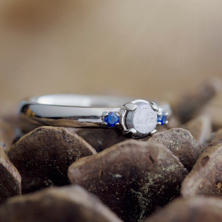 Three Stone Meteorite Engagement Ring, White Gold Ring-2272 - Jewelry by Johan