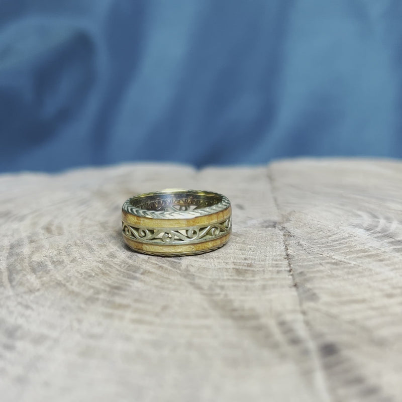 Cherry Wood and Gold Wedding Band with Vintage Design
