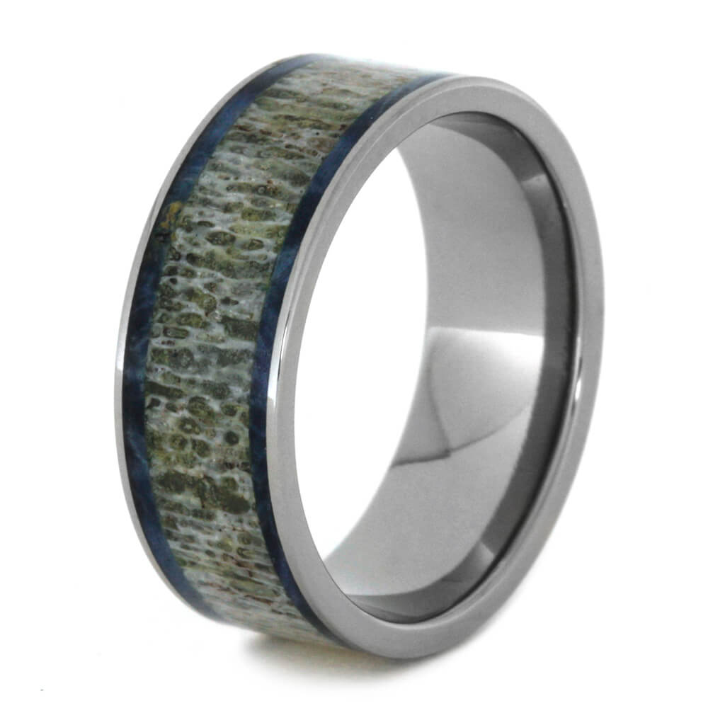Antler Wedding Band With Blue Box Elder Burl Wood-2510 - Jewelry by Johan