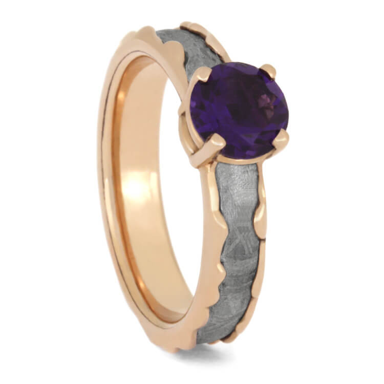 Amethyst Engagement Ring, Wavy Rose Gold Ring With Meteorite Inlay-2542 - Jewelry by Johan