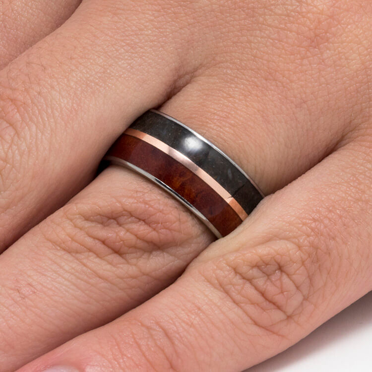 Wood and Dinosaur Bone Wedding Band With Rose Gold-3689 - Jewelry by Johan