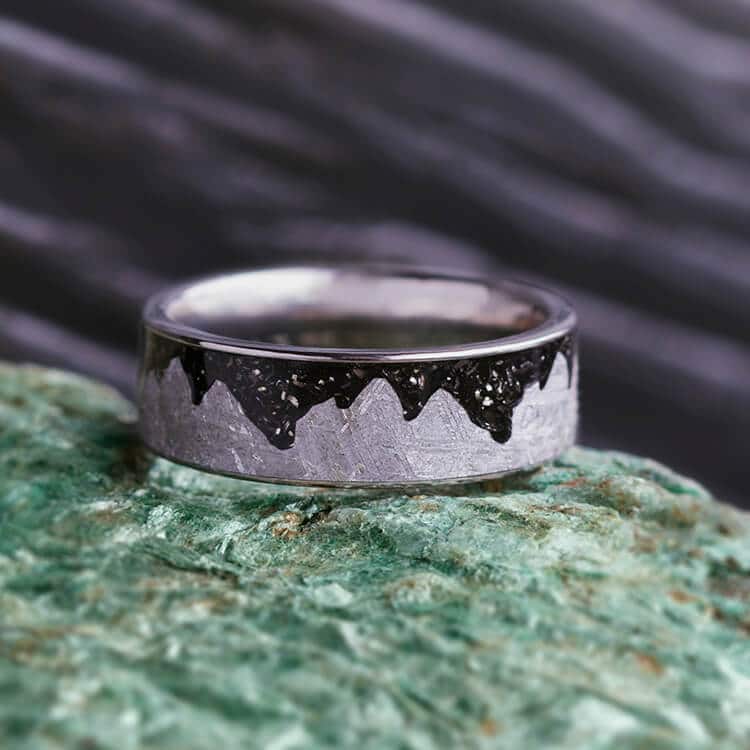 Meteorite Moonscape Ring With Black Stardust™, Unique Men's Wedding Band-3750 - Jewelry by Johan