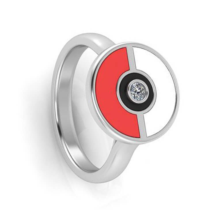 Pokemon Engagement Ring, Pokeball Ring with Moissanite Center Stone-2681 - Jewelry by Johan