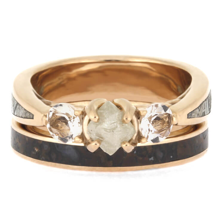 Rose Gold Ring Set With Three Stone Meteorite Engagement Ring