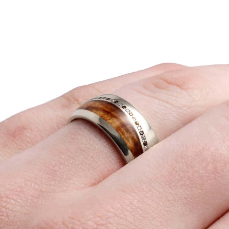 Black And White Diamond Wedding Band in White Gold, Wood Ring-DJ1016WG - Jewelry by Johan
