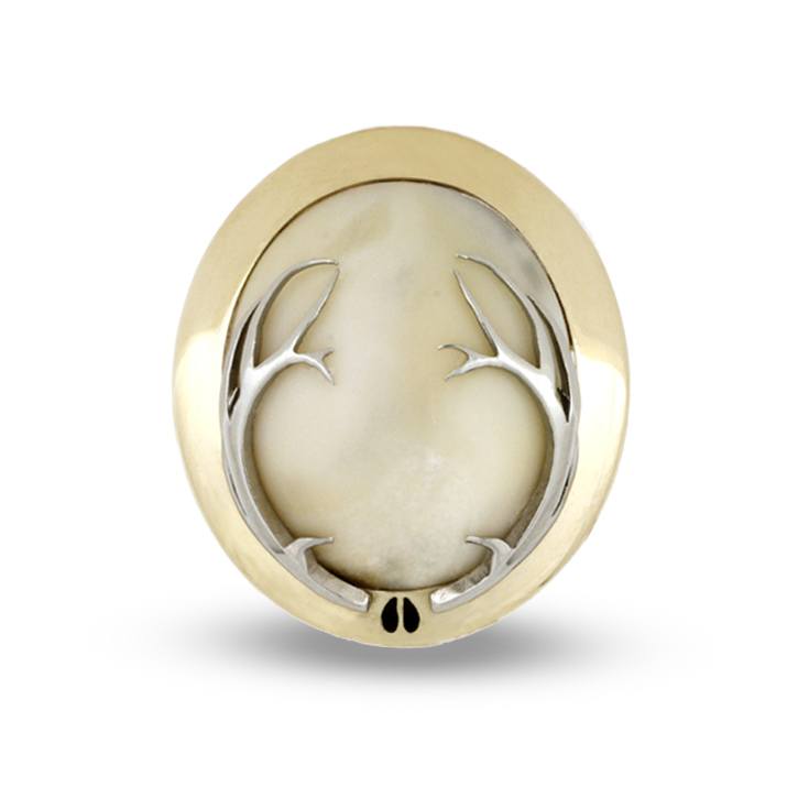 Elk Ivory Brooch in Yellow Gold Bezel with 14k White Gold Antlers