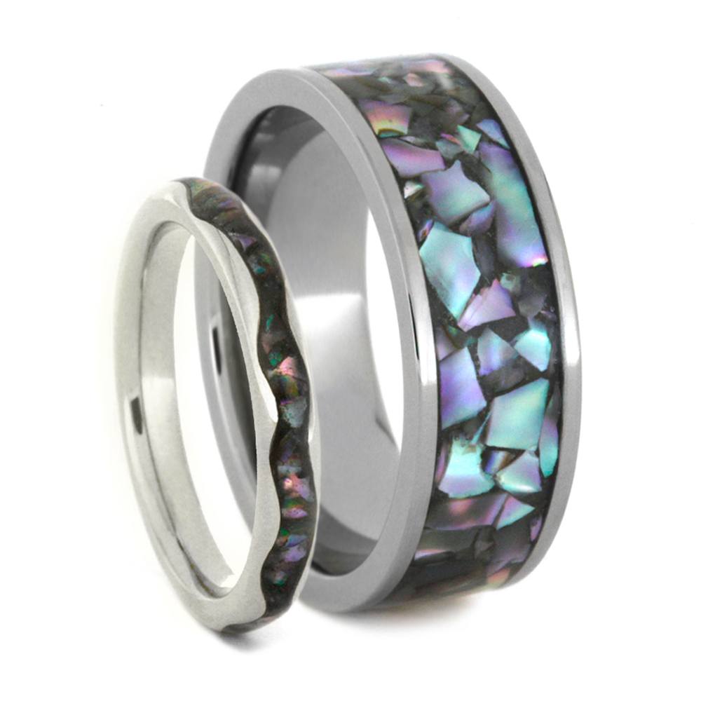 Abalone Wedding Band Set In White Gold and Titanium