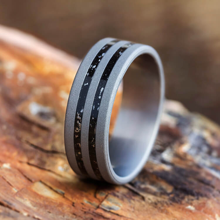 Sandblasted Titanium Wedding Band With Black Stardust™-3673 - Jewelry by Johan