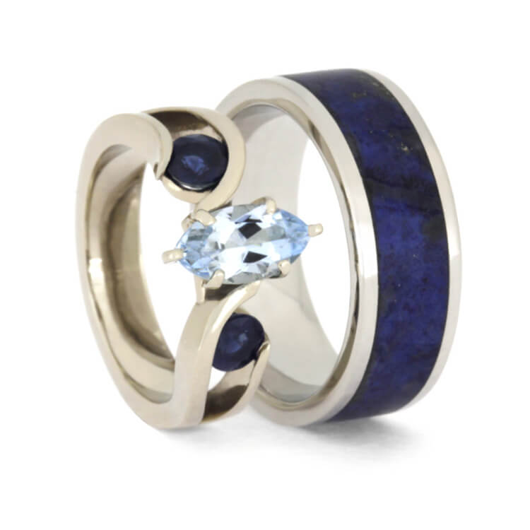 Blue Wedding Ring Set With Aquamarine Engagement Ring and Lapis Band