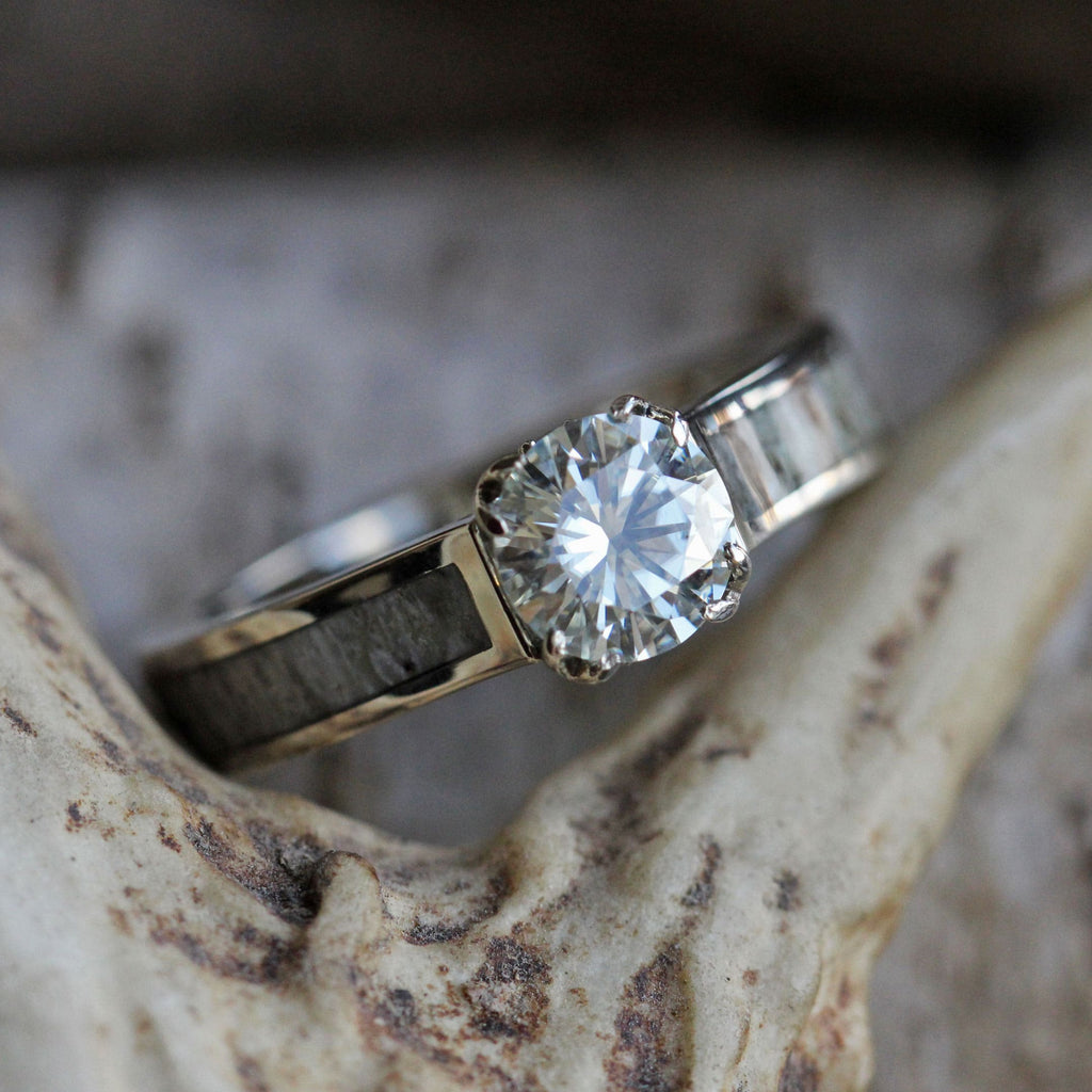 Moissanite Engagement Ring With Deer Antler In White Gold-3571 - Jewelry by Johan