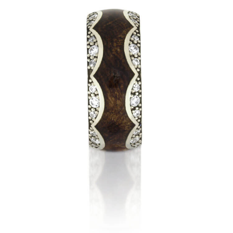Unique Diamond Wedding Band, White Gold Ring With Mesquite Burl Wood-DJ1009WG - Jewelry by Johan