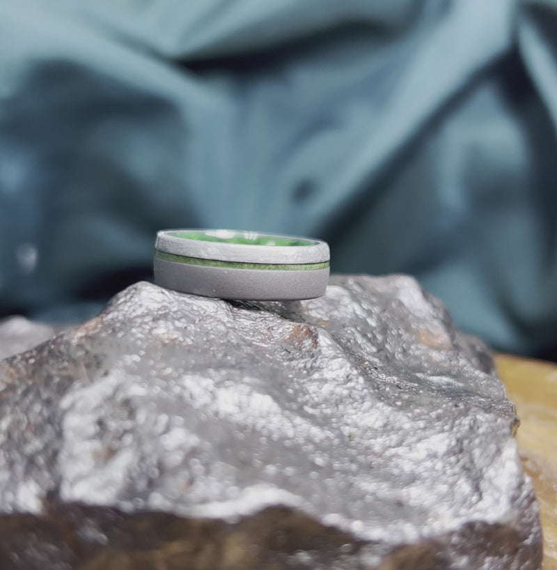 Sandblasted Men's Wedding Band With Green Box Elder Wood And Meteorite