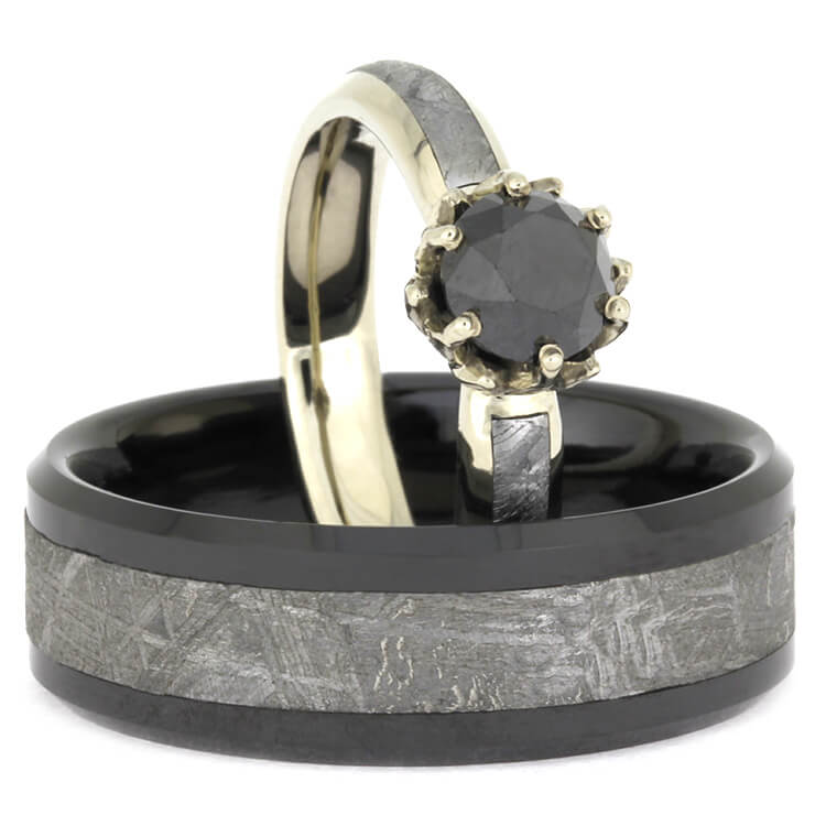 Black Diamond Meteorite Wedding Ring Set