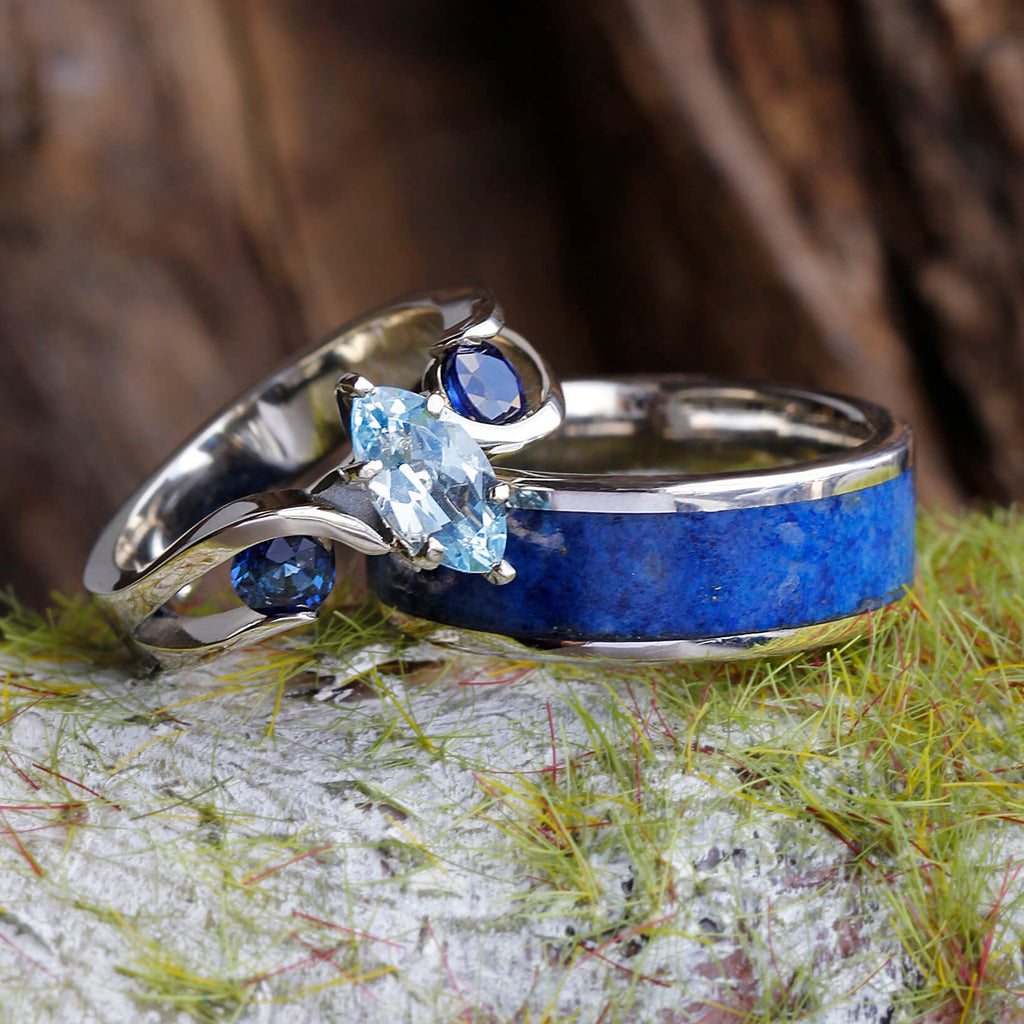 Blue Wedding Ring Set With Aquamarine Engagement Ring and Lapis Band