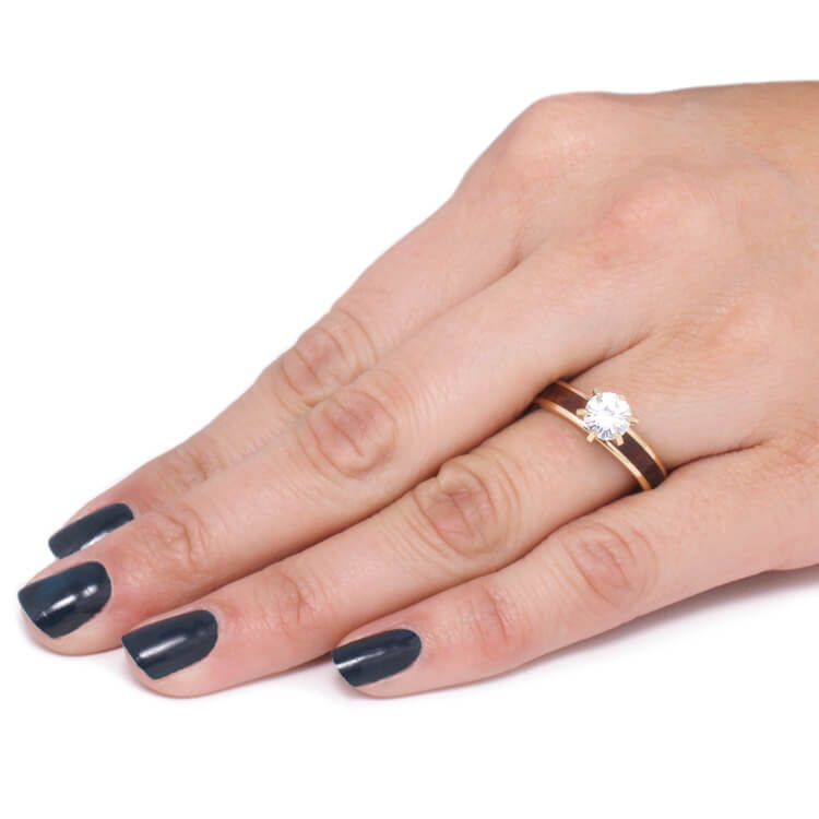 Solitaire Moissanite Engagement Ring With Maple Burl, Yellow Gold-2323 - Jewelry by Johan