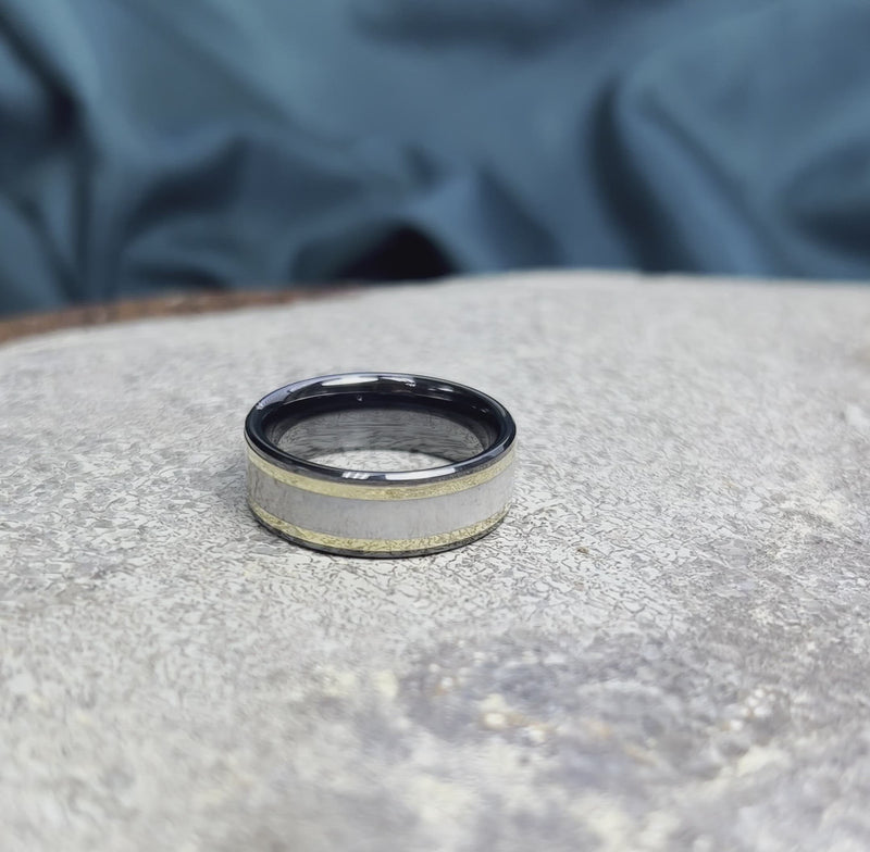 Black Ceramic Ring With Antler Inlay & Yellow Gold Pinstripes