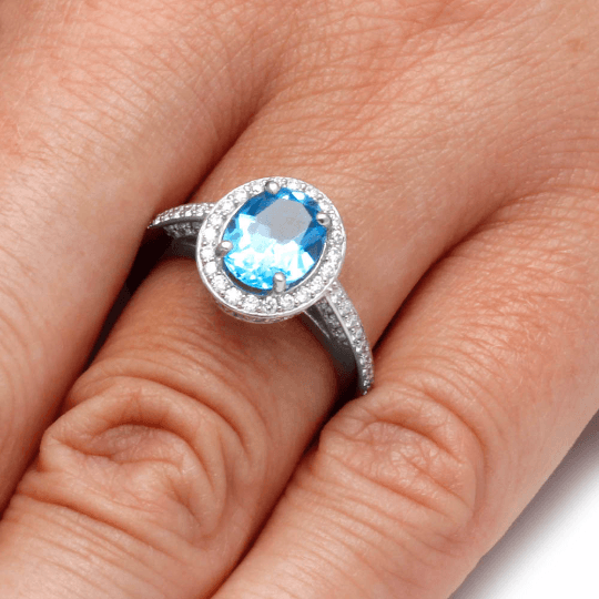 Swiss Blue Topaz Engagement Ring With Diamond Halo In White Gold-2084 - Jewelry by Johan