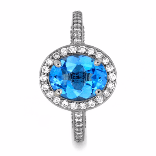 Swiss Blue Topaz Engagement Ring With Diamond Halo In White Gold-2084 - Jewelry by Johan
