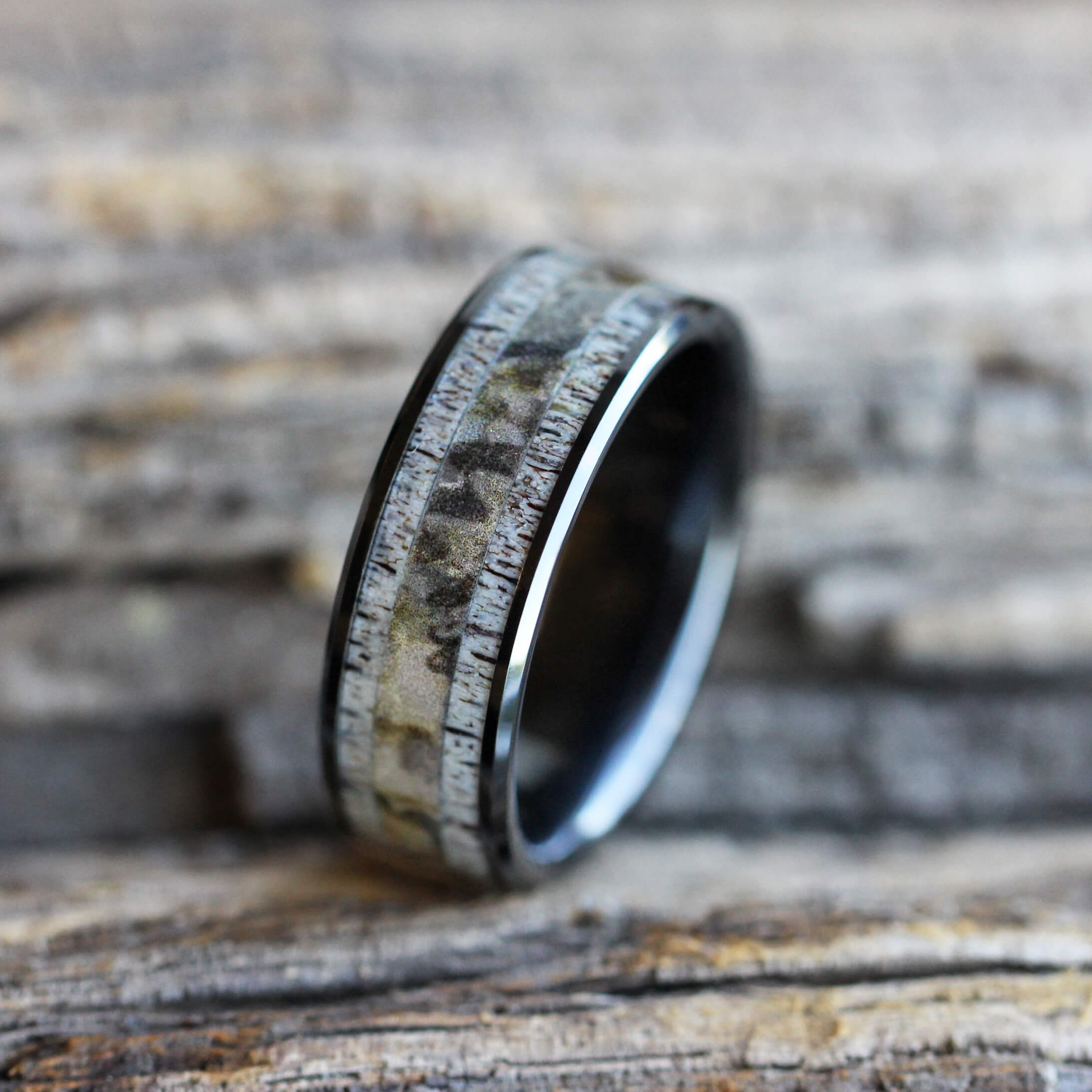 Camo Ring with Natural Deer Antler in Black Ceramic-3271 - Jewelry by Johan