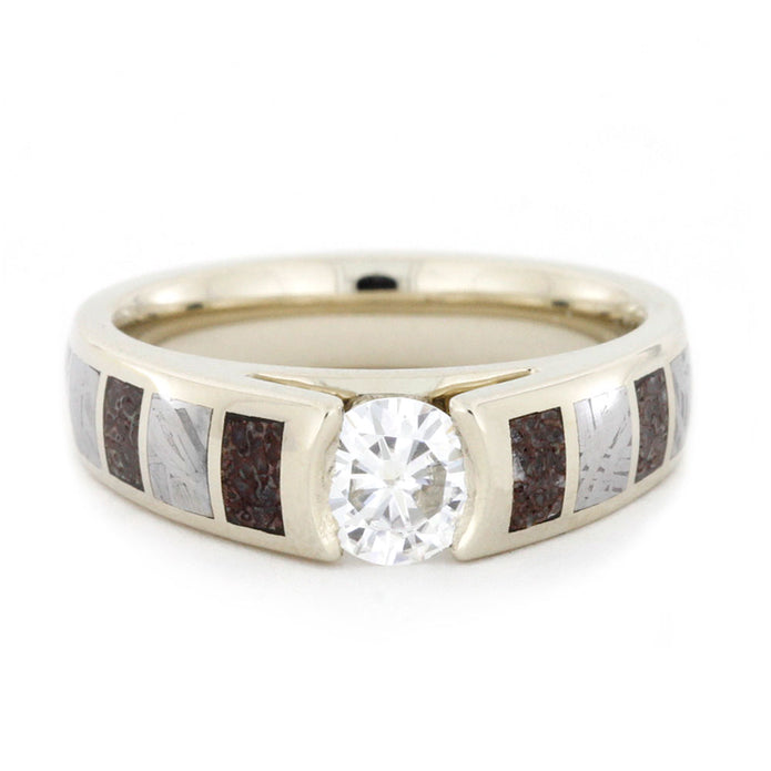 Forever One Moissanite Ring with Dinosaur Bone and Meteorite-3163 - Jewelry by Johan