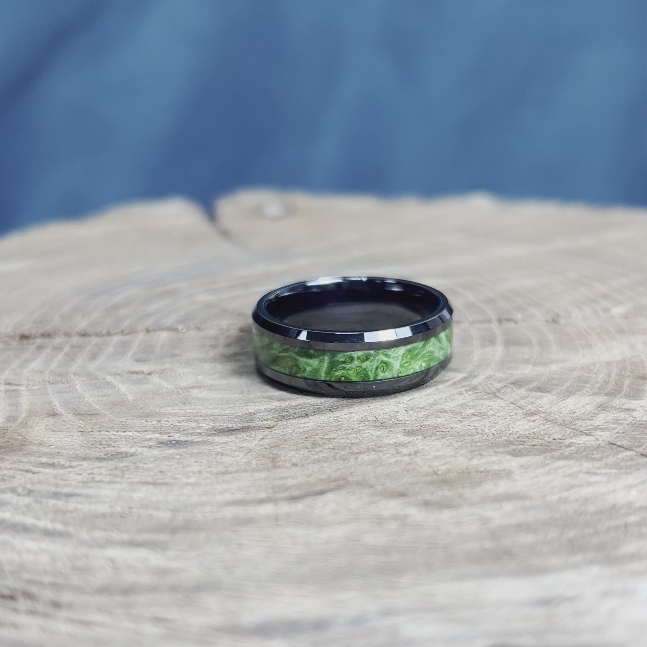 Green Burl Wood Wedding Band in Black Ceramic