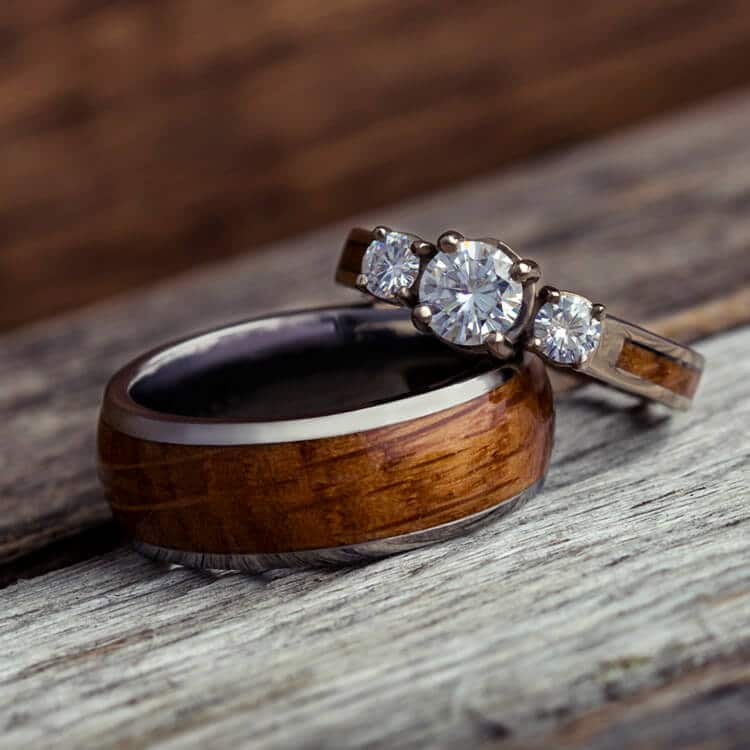 Wood Wedding Ring Set, White Gold and Titanium Rings