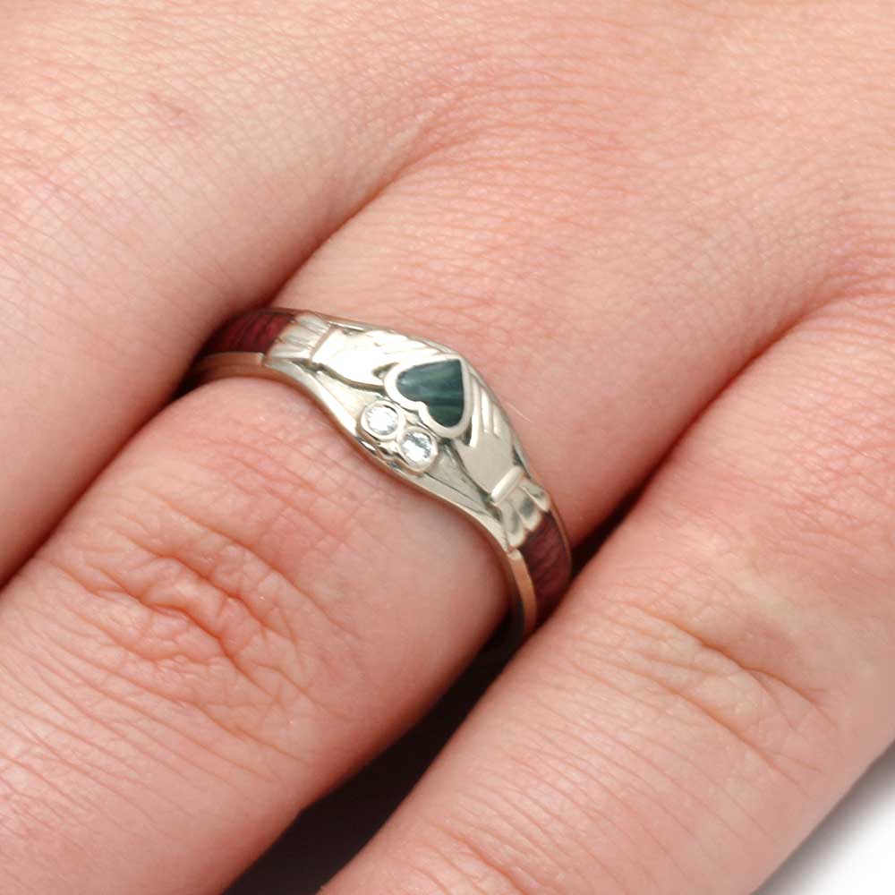 Claddagh Engagement Ring with Jade Heart, Diamonds and Wood-2804 - Jewelry by Johan