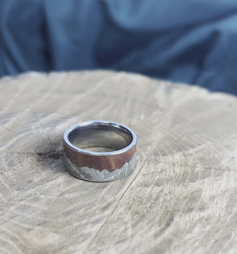 Nature-inspired wedding band with meteorite and cedar