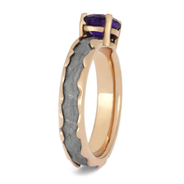 Amethyst Engagement Ring, Wavy Rose Gold Ring With Meteorite Inlay-2542 - Jewelry by Johan
