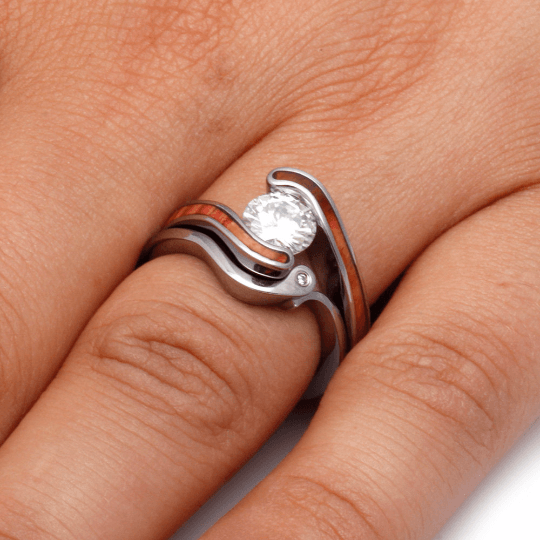 Wood Engagement Ring, Tension Setting with Wood Inlay