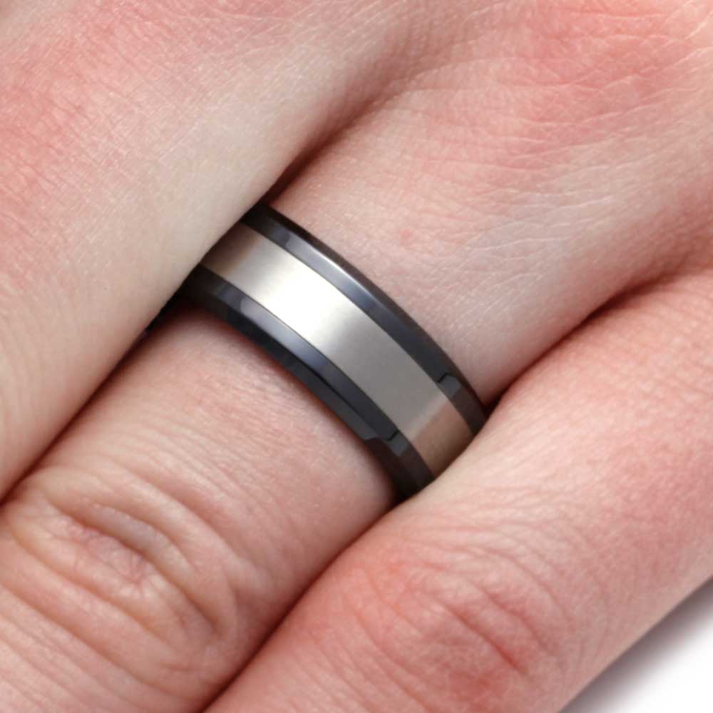 Black Ceramic Wedding Band With Titanium Inlay-2972 - Jewelry by Johan