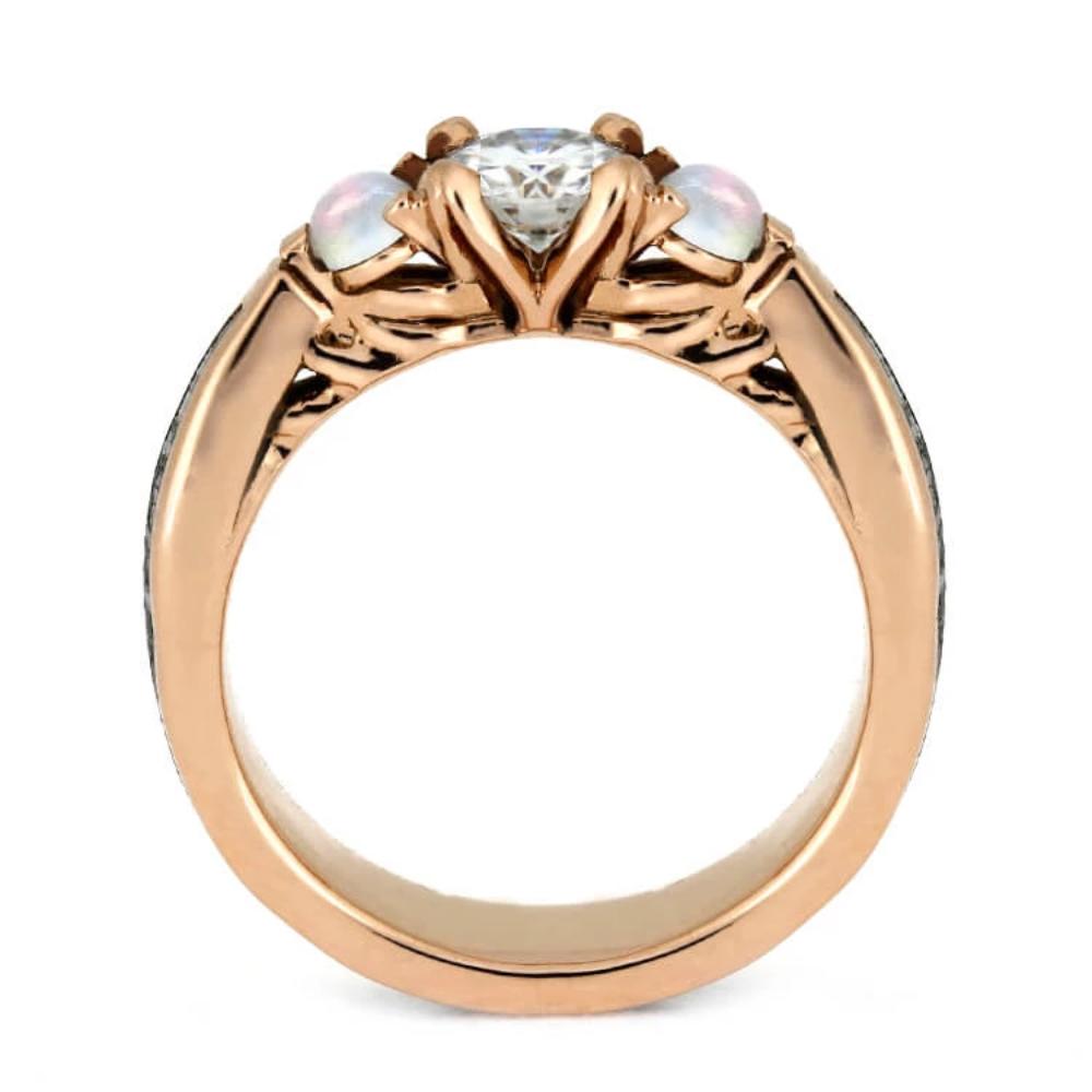 Rose Gold Engagement Ring With Meteorite, Moissanite, And Moonstones-3721 - Jewelry by Johan