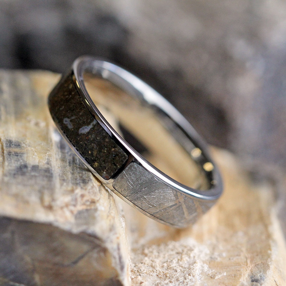 Dinosaur Bone Ring With Meteorite, Two Partial Inlays, Titanium Band-3340 - Jewelry by Johan