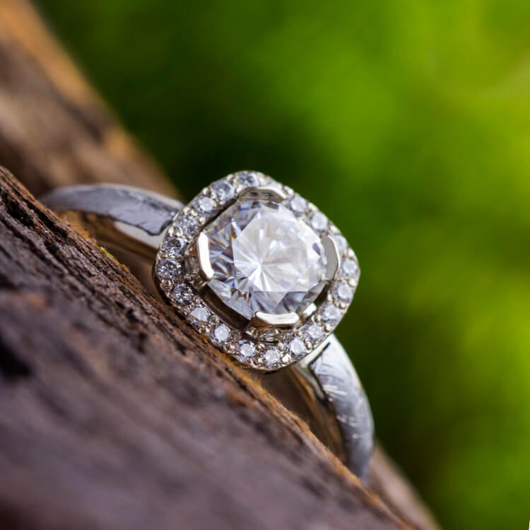 Moissanite Ring with Diamond Accents and Meteorite in White Gold-1702 - Jewelry by Johan