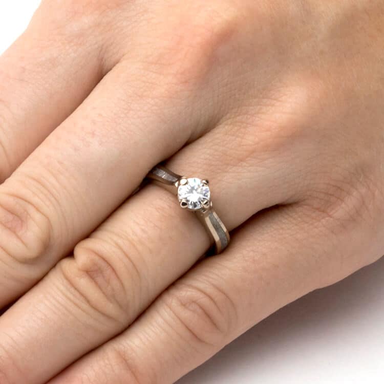 White Gold Solitaire, Meteorite Engagement Ring With Moissanite-3758 - Jewelry by Johan