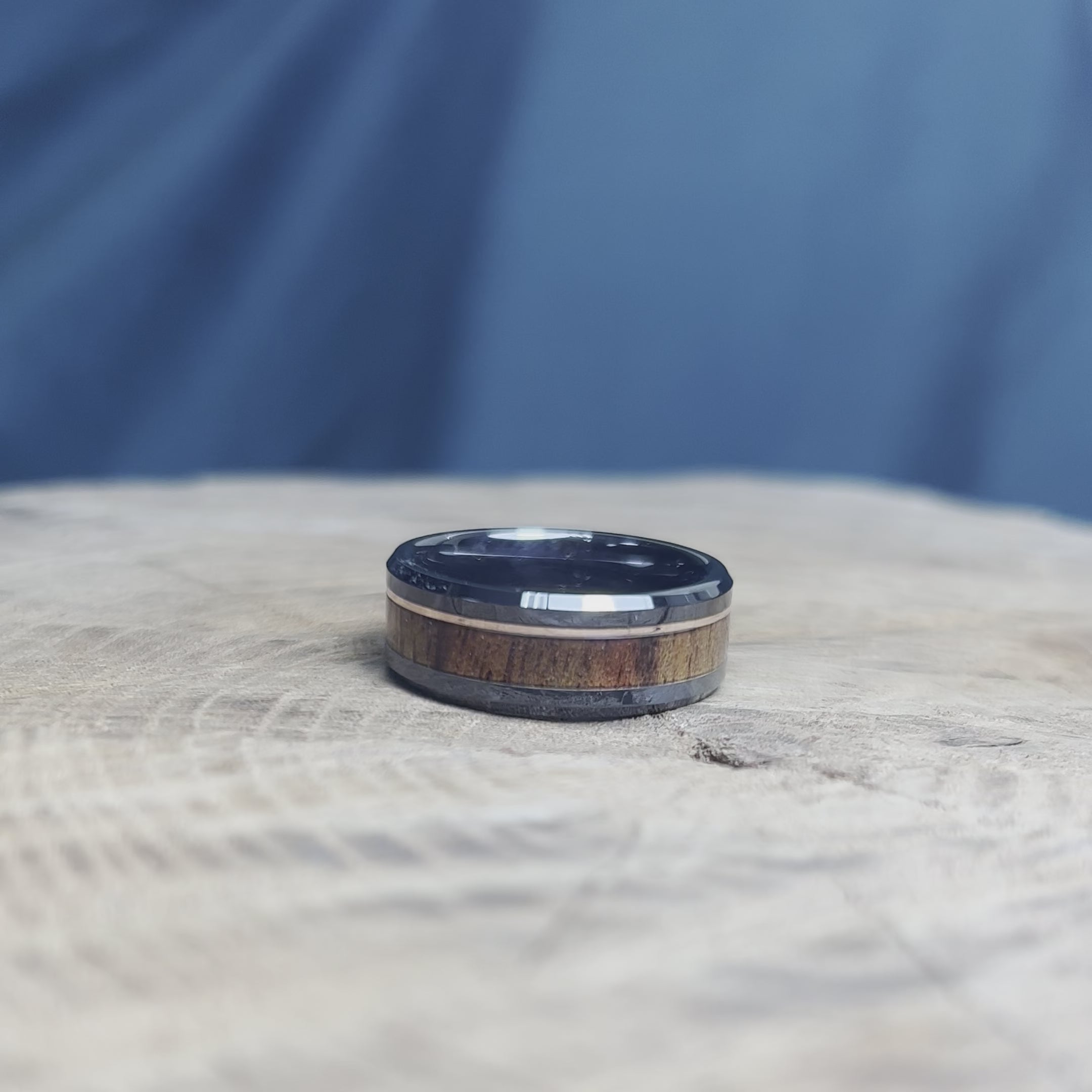 Wood & Black Ceramic Wedding Band With Rose Gold Pinstripe