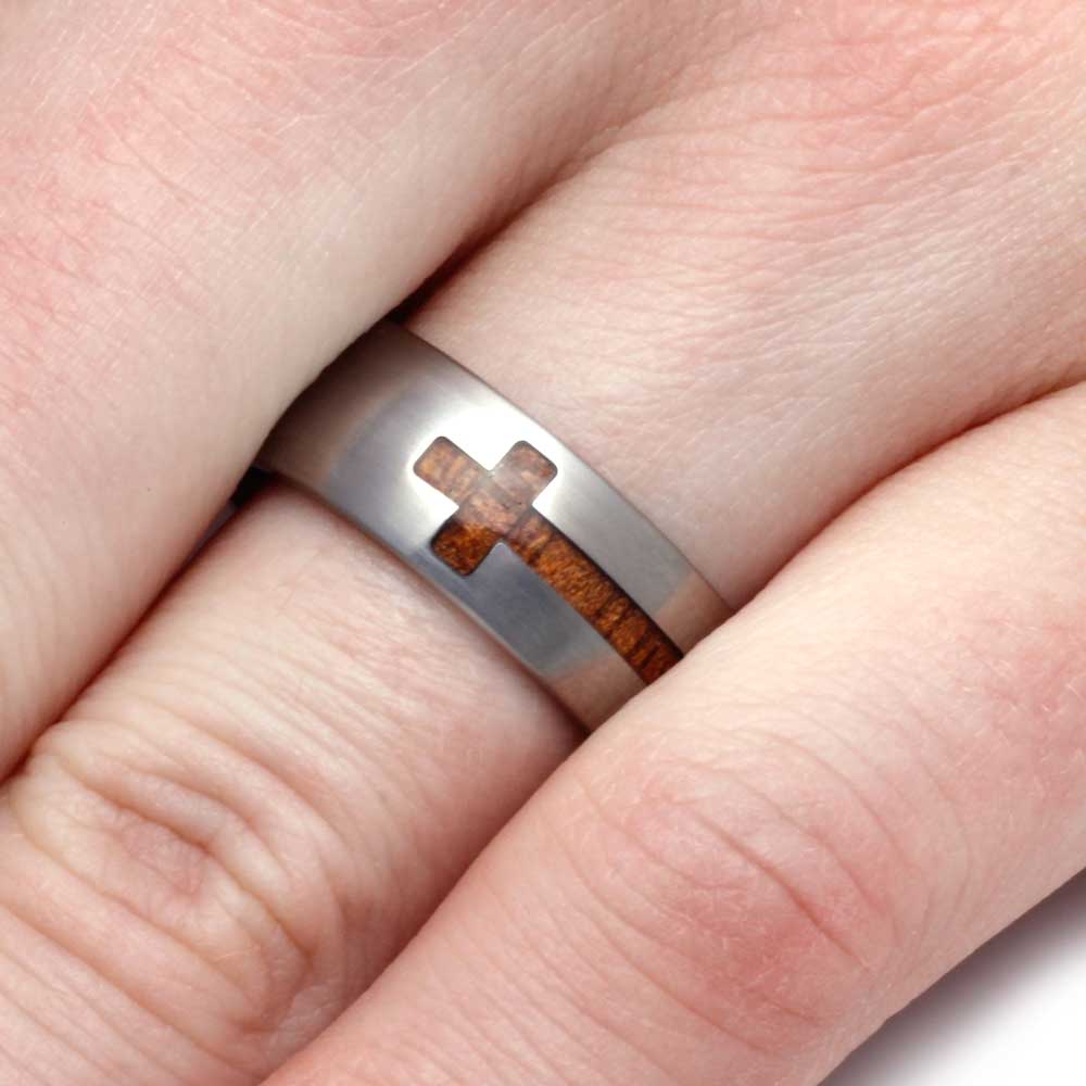 Koa Wood Cross Ring In Titanium Band-2842 - Jewelry by Johan