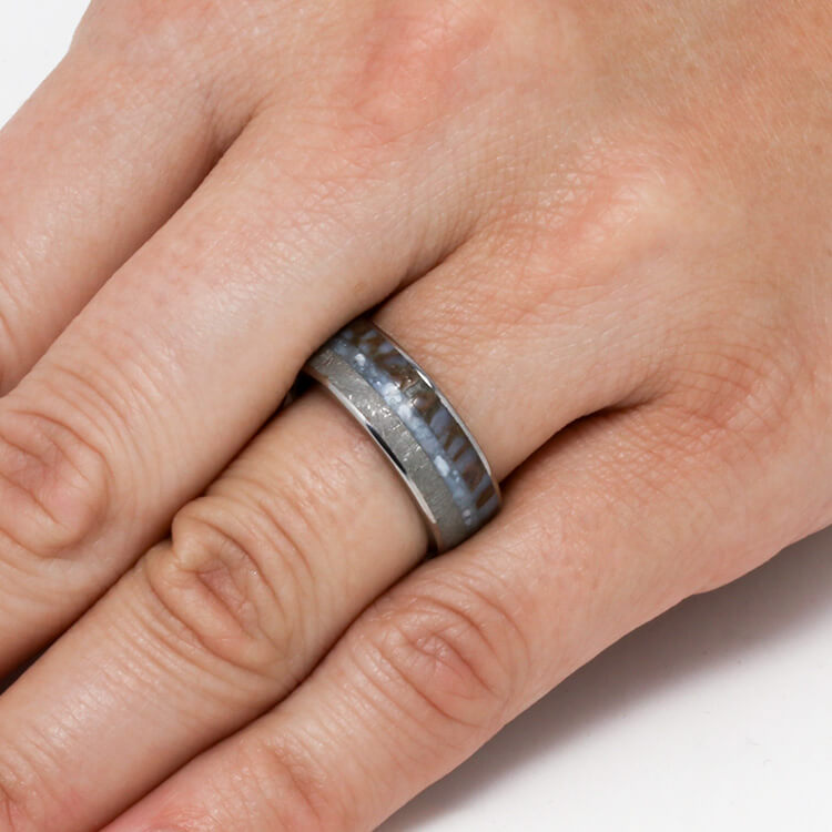 Pearl Men's Wedding Band With Dinosaur Bone And Meteorite, Titanium Ring-3718 - Jewelry by Johan